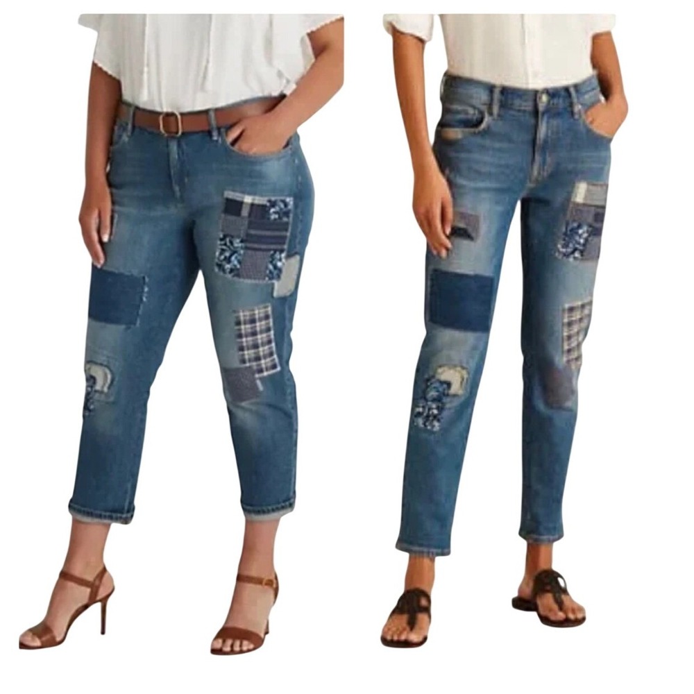 Ralph Lauren Jeans Women 28/ 6 Blue Denim Patchwork Distressed Straight‎ Leg NWT